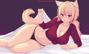 :p animal_ear_fluff animal_ears bed_sheet black_panties blonde_hair blush breasts cat_ears cleavage commentary_request hair_between_eyes highres large_breasts long_hair looking_at_viewer lying multicolored_hair navel nottytiffy on_bed on_side original panties red_hair red_shirt shirt sidelocks streaked_hair thighs tiffy_(nottytiffy) tongue tongue_out two-tone_hair underwear