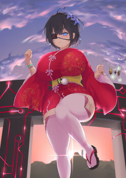 Rule 34 | 1girl, ahoge, black hair, blue eyes, blush, breasts, china dress, chinese clothes, curvy, dress, eyepatch, hair ornament, highres, huge breasts, looking at viewer, lv 249, oppai loli, original, short hair, solo, standing, thick thighs, thighhighs, thighs, wide sleeves