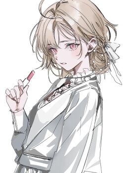 Rule 34 | 1girl, blonde hair, character request, copyright request, cosmetics, fingernails, from side, hand up, holding, holding lipstick tube, lipstick tube, long sleeves, looking at viewer, looking to the side, medium hair, okchun, parted bangs, parted lips, pink eyes, shirt, simple background, sketch, solo, turning head, white background, white shirt