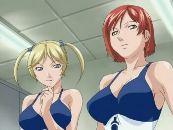 00s 2005 2girls animated animated_gif bare_shoulders bible_black bible_black_only blonde_hair blue_eyes breasts changing_room collarbone hair_ornament kobayashi_shinobu large_breasts mikimoto multiple_girls red_hair school school_swimsuit short_hair swimsuit tagme twintails walking