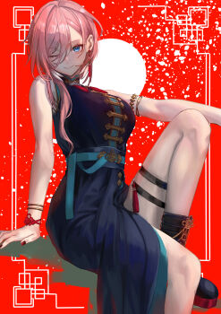 1girl absurdres armlet black_boots black_dress blue_eyes boots china_dress chinese_clothes commentary_request dress flower_knot hair_between_eyes highres hololive jewelry knee_up long_hair long_hair_between_eyes looking_at_viewer one_eye_closed parted_bangs pink_hair qdx4p red_background red_nails side_slit sitting smile solo takane_lui takane_lui_(china_dress) thigh_strap underbust virtual_youtuber