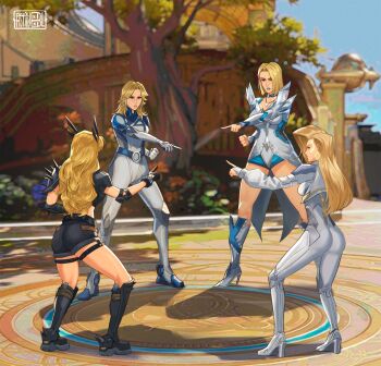 4girls artist_logo astrubalart belt black_boots black_gloves blonde_hair blue_belt bodysuit boots breasts cleavage coattails color_connection dagger_(marvel) diamond-shaped_earrings earrings emma_frost female_focus gloves hair_color_connection high_heels highres hoop_earrings jewelry logo long_hair magik_(x-men) marvel marvel_rivals meme multiple_girls necklace pointing_spider-man_(meme) short_hair shoulder_pads shoulder_spikes spikes square sue_storm trait_connection white_bodysuit white_boots
