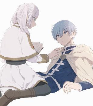 Rule 34 | 1boy, 1girl, black pantyhose, blue hair, blue shirt, book, boots, brown boots, capelet, cloak, commentary request, crossed bangs, double-parted bangs, elf, film grain, frieren, grey hair, hair between eyes, highres, himmel (sousou no frieren), long bangs, long hair, long sleeves, looking at another, mole, mole under eye, open book, pantyhose, parted lips, pointy ears, reclining, shirt, short hair, simple background, sitting, skirt, sousou no frieren, sweat, twintails, very short hair, wariza, white background, white capelet, white cloak, white shirt, white skirt, yoichi hnkn