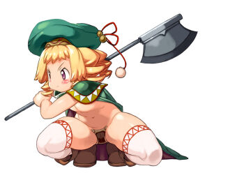 1girl axe blonde_hair boots brown_boots cape closed_mouth commentary_request flat_chest full_body green_cape green_hat hat hat_ribbon holding holding_axe kuroinu_~kedakaki_seijo_wa_hakudaku_ni_somaru~ loli maebari medium_hair naked_cape navel pink_eyes pom_pom_(clothes) red_ribbon ribbon ringlets ruu_ruu short_bangs simple_background solo squatting stomach thighhighs two-sided_cape two-sided_fabric white_background white_thighhighs yu_3