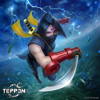 blue_hair capcom cloud cloudy_sky electricity energy field gem_on_head glowing glowing_eyes glowing_gem grass hat highres katana kuroiwa_enu leotard lightning muscular muscular_arms muscular_female night official_art overcast purple_eyes running satsuki_(street_fighter) scarf short_hair sky storm street_fighter street_fighter_alpha_3 sword teppen weapon