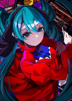 1girl absurdres aqua_eyes aqua_hair candy commentary crt dress eye_hair_ornament eyeball_hair_ornament folded_hair food hair_ribbon hatsune_miku highres holding holding_candy holding_food holding_lollipop juliet_sleeves lollipop long_hair long_sleeves looking_at_viewer psi_(vocaloid) puffy_sleeves red_dress ribbon smile solo static television twintails uneven_twintails very_long_hair yu-muge