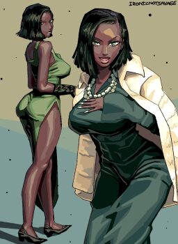 1girl alternate_skin_color ass bob_cut breasts commentary dark-skinned_female dark_skin darkened_skin dress english_commentary fingernails fubuki_(one-punch_man) full_body fur_jacket green_dress green_eyes green_hair hand_on_own_chest highres ironicnotsavage jacket jacket_on_shoulders jewelry large_breasts long_fingernails long_sleeves looking_at_viewer multiple_necklaces multiple_views nail_polish necklace one-punch_man open_mouth pearl_necklace short_hair side_slit sleeveless sleeveless_dress standing very_dark_skin white_nails