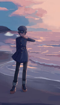 1girl absurdres arm_behind_back blue_coat blue_pants blush breath coat commentary_request dusk embarrassed full_body hair_between_eyes highres long_sleeves looking_at_viewer outdoors pants persona persona_4 shirogane_naoto shoes shore short_hair solo standing usa_(kawaii_152cm) wide_shot