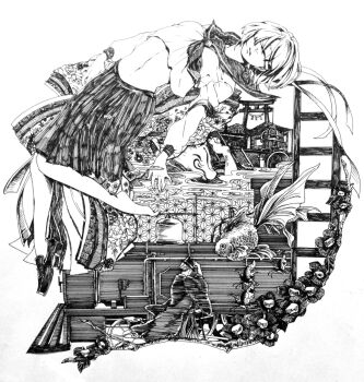 1girl 1other ameishi ballpoint_pen_(medium) bell blindfold commentary_request covered_eyes cropped_shirt fish flower goldfish greyscale highres loafers locomotive long_sleeves medium_skirt midriff monochrome navel neckerchief no_socks original parted_lips pen_(medium) pleated_skirt sailor_collar school_uniform serafuku shoes short_hair simple_background single_shoe skirt smoke solo_focus steam_locomotive torii traditional_media