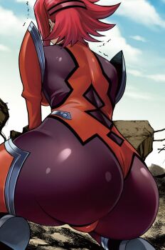 1girl ^^^ ass ass_focus blue_sky bodysuit breasts cloud cloudy_sky code_geass day facing_away from_behind headband itachou kouzuki_kallen large_breasts multicolored_bodysuit outdoors pilot_suit purple_bodysuit red_bodysuit red_hair red_headband rubble short_hair sky solo squatting trembling two-tone_bodysuit