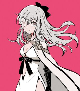 1girl breasts cleavage dot_nose drag-on_dragoon drag-on_dragoon_3 eyelashes floating_hair flower flower_over_eye full_body grey_hair highres long_hair looking_at_viewer mechanical_arms medium_breasts nmiznm pink_background prosthesis prosthetic_arm single_mechanical_arm solo standing zero_(drag-on_dragoon)