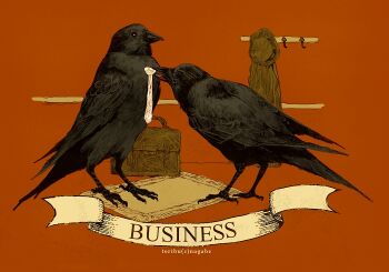 animal bird briefcase coat_rack commentary_request crow dressing_another english_text full_body nagabe necktie no_humans original red_background tying_necktie