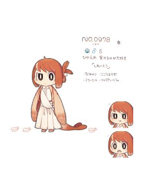 1boy akadako androgynous bright_pupils commentary_request dive_ball full_body highres japanese_clothes long_sleeves male_focus nintendo open_mouth orange_hair personification poke_ball pokedex_number pokemon pokemon_(creature) ponytail sandals seigaiha tatsugiri translation_request white_background white_pupils wide_sleeves