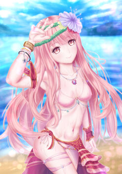 1girl absurdres armband bead_bracelet beads bikini blue_sky blunt_bangs bracelet breasts brown_eyes cleavage closed_mouth cloud commentary_request covered_erect_nipples cowboy_shot day demorisshu dot_nose eyelashes flower green_headband hair_flower hair_ornament happy head_tilt headband hibiscus highres jewelry light_blush light_particles lips long_hair looking_at_viewer medium_breasts multiple_bracelets navel nikki_(nikki) nikki_(series) ocean outdoors pink_bikini pink_hair pink_lips purple_flower red_armband red_sarong sarong shining_nikki shore sky smile solo standing stomach swimsuit tareme thigh_strap very_long_hair wet