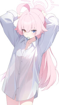 1girl ahoge arms_behind_head blue_archive breasts buttons commentary_request furrowed_brow hair_tie_in_mouth halo heterochromia highres hoshino_(blue_archive) long_hair long_sleeves mouth_hold moyashi_dorobou no_bra no_panties oversized_clothes pink_hair pink_halo ponytail see-through_clothes simple_background small_breasts solo thighs tying_hair white_background white_sleeves