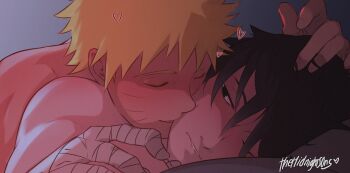 Rule 34 | 2boys, artist name, bandaged arm, bandages, black hair, blonde hair, closed eyes, closed mouth, commentary, facial mark, hands on another's head, heart, highres, kiss, kissing cheek, lying on person, male focus, multiple boys, naruto (series), on bed, one eye closed, parted lips, short hair, teeth, themidnights0ng, uchiha sasuke, untranslatable commentary, uzumaki naruto, whisker markings, yaoi