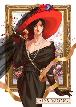 Rule 34 | 1girl, ada wong, bare shoulders, bead necklace, beads, black dress, black hair, breasts, bug, butterfly, character name, cleavage, commentary, dress, english commentary, falling petals, flower, gloves, hat, highres, insect, jewelry, medrowjz, multiple necklaces, necklace, petals, phone, picture frame, red hat, resident evil, short hair