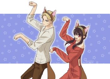 1boy 1girl animal_ear_hairband animal_ears black_hair blonde_hair blue_eyes border breasts brown_pants closed_mouth commentary_request cowboy_shot dress fake_animal_ears fake_tail fox_ears fox_tail hair_between_eyes hairband highres medium_breasts off-shoulder_dress off_shoulder open_mouth pants parted_bangs paw_pose purple_background red_dress red_eyes shirt short_hair sidelocks sleeves_rolled_up smile spy_x_family sweat tail takehide twilight_(spy_x_family) twitter_username updo white_border white_shirt yor_briar