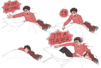 1boy 1girl aged_up alternate_hair_length alternate_hairstyle anger_vein ayase_momo black_hair brown_eyes brown_hair closed_eyes commentary couple crescentbutton cuddling dandadan english_commentary english_text highres long_hair lying messy_hair motion_blur on_bed on_side open_mouth pink_shirt red_shirt sequential shirt short_hair sleeping speech_bubble takakura_ken_(dandadan) under_covers upper_body waking_up white_background