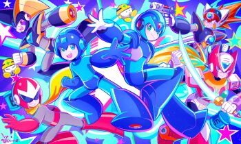 Rule 34 | 6+boys, android, arm cannon, axl (mega man), bass (mega man), blue helmet, commentary, energy sword, energy tank, english commentary, forehead jewel, helmet, highres, in-franchise crossover, mega man (character), mega man (classic), mega man (series), mega man x (series), multiple boys, ponytail, proto man, red helmet, scarf, smile, sword, weapon, x (mega man), xenon (xenonb), z saber, zero (mega man)