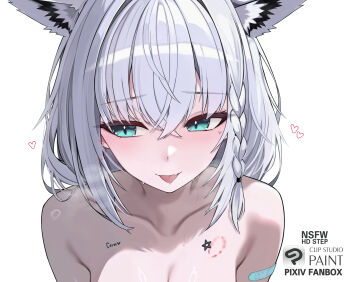 1girl animal_ears bite_mark bite_mark_on_breast blue_eyes blush body_writing breasts closed_eyes commentary english_commentary fox_ears fox_girl hair_between_eyes heart highres hololive kkato long_hair shirakami_fubuki solo sweat topless_female upper_body virtual_youtuber white_hair