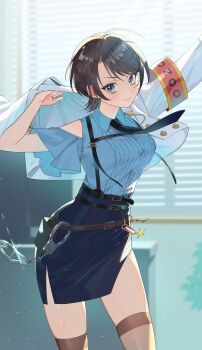 1girl absurdres aqua_eyes armband arms_up backlighting belt belt_buckle black_belt black_necktie blue_shirt blue_skirt blurry blurry_background blush breasts brown_belt brown_hair brown_thighhighs buckle buttons center_frills chest_harness clothing_cutout collared_shirt contrapposto cowboy_shot cropped_jacket cuffs desk double-breasted dress_shirt dressing frills gold_buttons handcuffs harness high-waist_skirt highres hololive indoors jacket looking_at_viewer medal medium_breasts multiple_belts necktie nefula14 office official_alternate_costume oozora_subaru oozora_subaru_(police) open_clothes open_jacket pencil_skirt police police_uniform policewoman pouch putting_on_jacket red_armband screen shirt shirt_tucked_in short_hair short_sleeves shoulder_cutout side_slit sidelocks skirt solo standing star_(symbol) striped_clothes striped_shirt sunlight suspender_skirt suspenders swept_bangs thighhighs v-shaped_eyebrows vertical-striped_clothes vertical-striped_shirt virtual_youtuber white_jacket window window_blinds zettai_ryouiki