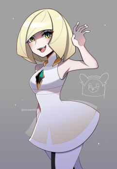 1girl artist_name bare_shoulders bewear blonde_hair dress english_text fangs gen_7_pokemon green_eyes highres lusamine_(pokemon) medium_hair nintendo open_mouth pokemon pokemon_sm simple_background teeth touyarokii white_dress