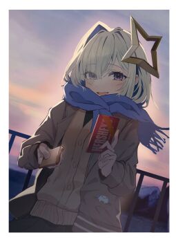 Rule 34 | 1girl, absurdres, amane kanata, black skirt, blue scarf, brown cardigan, brown jacket, cardigan, chocolate, commentary request, creature in clothes, eyes visible through hair, food, grey hair, hair over one eye, halo, hershey's, highres, holding, holding chocolate, holding food, hololive, jacket, looking at viewer, michimichi20121, open mouth, outdoors, purple eyes, railing, scarf, single hair intake, skirt, smile, solo, star halo, upao (amane kanata), valentine, virtual youtuber