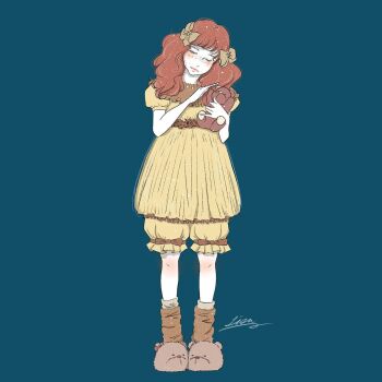 1girl animal_slippers artist_name bear_slippers bloomers blue_background blush bow brown_hair brown_slippers closed_eyes closed_mouth commentary english_commentary facing_viewer fluffy_hair freckles full_body hair_bow hands_up head_tilt highres holding holding_stuffed_toy lisa_(illustsan430) long_hair loose_socks orange_bow orange_socks original pajamas puffy_short_sleeves puffy_sleeves shirt short_sleeves signature simple_background slippers socks solo standing stuffed_animal stuffed_toy teddy_bear underwear yellow_bloomers yellow_bow yellow_pajamas yellow_shirt