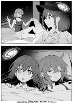 2girls ahoge bare_shoulders black_headwear braid charlotte_corday_(fate) charlotte_corday_(third_ascension)_(fate) collarbone fate/grand_order fate_(series) fujimaru_ritsuka_(female) galaxy hat highres indoors juliet_sleeves long_hair long_sleeves looking_at_viewer lying medium_hair meiji_ken meme monochrome multiple_girls on_back on_bed open_mouth pillow puffy_sleeves side_braid simple_background space_cat_(meme) top_hat under_covers undershirt yuri