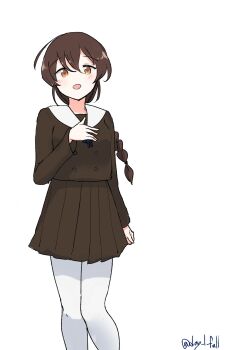 Rule 34 | 1girl, braid, brown hair, brown serafuku, brown shirt, brown skirt, commentary request, feet out of frame, hand on own chest, highres, kantai collection, long hair, one-hour drawing challenge, orange eyes, pantyhose, pleated skirt, robinson (day l full), sailor collar, sailor shirt, school uniform, serafuku, shirt, single braid, skirt, solo, souya (kancolle), white pantyhose, white sailor collar