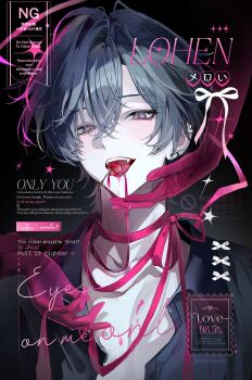 1boy alternate_costume black_background black_shirt blue_eyes blue_hair blush character_name cherry choker clip_studio_paint_(medium) commentary crossed_bangs cursive disembodied_hand double-parted_bangs dress_shirt earrings empty_eyes english_text fang food food_in_mouth fruit genshin_impact gradient_background grey_background hair_between_eyes hand_on_another's_chin head_tilt highres holding holding_ribbon hoop_earrings jewelry lohen_(genshin_impact) looking_at_viewer maikang0987 male_focus mixed-language_text mole mole_under_eye mouth_hold multicolored_eyes multiple_earrings open_clothes open_collar open_mouth open_shirt pale_skin pink_eyes pink_ribbon ribbon ribbon_choker ribbon_in_mouth shirt short_hair simple_background smile solo sparkle star_(symbol) stud_earrings tongue translation_request twitter_username two-tone_eyes untranslatable_commentary upper_body watermark white_ribbon wing_collar