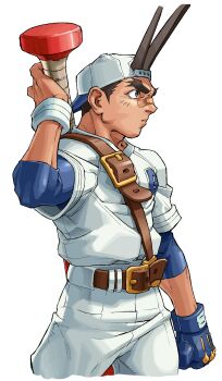 Rule 34 | 1boy, absurdres, backwards hat, bandaid, bandaid on face, bandaid on nose, baseball bat, baseball cap, baseball jersey, baseball uniform, belt, black hair, brown hair, cleats, cropped legs, edaki shin'ya, fighting stance, from side, game cg, gloves, grin, hat, highres, holding, holding baseball bat, jersey, justice gakuen, male focus, moero! justice gakuen, non-web source, official art, over shoulder, sawamura shoma, simple background, single glove, smile, solo, sportswear, sweatband, thick eyebrows, weapon, weapon over shoulder, white background