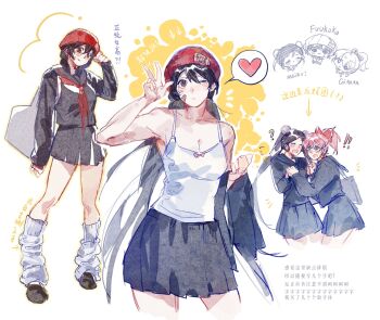 ankle_socks bag bandaid bandaid_on_cheek bandaid_on_face beanie black_hair black_shirt black_skirt blue_neckerchief breasts brown_eyes brown_shoes closed_eyes earrings enpera gina_(undead_unluck) hair_bun handbag hat heart heart_earrings highres izumo_fuuko jewelry long_hair mui_(undead_unluck) neckerchief red_neckerchief red_ribbon ribbon sailor_collar scarf school_uniform shirt shoes skirt sleeveless socks undead_unluck v wenxiang233333 white_socks