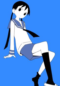 Rule 34 | 1girl, bad id, bad pixiv id, black eyes, black hair, black necktie, black socks, blue background, blue sailor collar, blue skirt, expressionless, head tilt, heisei umare, invisible chair, limited palette, long hair, long sleeves, looking at viewer, low twintails, necktie, sailor collar, satou (heisei umare), school uniform, serafuku, shoes, single loose sock, single shoe, sitting, skirt, socks, solo, suzunon, twintails, uwabaki