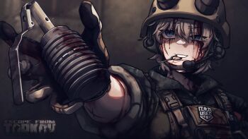 Rule 34 | 1girl, absurdres, blonde hair, blood, blood on face, blue eyes, breasts, brown gloves, bulletproof vest, cadpat, camouflage, camouflage jacket, combat helmet, ear protection, epakim, escape from tarkov, explosive, gloves, grenade, grenade pin in mouth, hair between eyes, helmet, highres, jacket, lamia (epakim), medium breasts, medium hair, microphone, multiple scars, open mouth, original, scar, scar across eye, scar on face, scissors, sleeves rolled up, slit pupils, solo, tourniquet, upper body