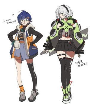 Rule 34 | 2girls, anby demara, bare shoulders, belle (zenless zone zero), belt, black gloves, black shirt, black skirt, black thighhighs, blue hair, braid, braided sidelock, closed mouth, fingerless gloves, full body, gloves, green eyes, green jacket, green sleeves, grey hair, hair ornament, hands in pockets, hashtag-only commentary, headphones, hood, hooded jacket, jacket, letter hair ornament, lingzi, midriff, multicolored sleeves, multiple girls, navel, shirt, short hair, simple background, single thighhigh, skirt, sleeveless, sleeveless jacket, smile, thigh belt, thigh strap, thighhighs, white background, zenless zone zero