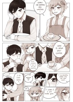 ... 2boys absurdres alternate_costume antenna_hair apron basil_(faraway)_(omori) basil_(omori) closed_mouth collared_shirt cup double-parted_bangs earrings english_text flower flying_sweatdrops greyscale hair_between_eyes hair_flower hair_ornament heterochromia highres holding holding_cup holding_plate jewelry k0kum0tsu long_sleeves male_focus monochrome multiple_boys necklace necktie omori open_mouth plate right-to-left_comic shirt short_hair sidelocks single_earring smile speech_bubble spoilers spoken_ellipsis sunny_(omori) sweatdrop teeth upper_teeth_only vest yaoi