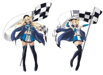 azur_lane black_gloves blonde_hair blue_eyes blue_necktie california_(azur_lane) checkered_flag crossed_bangs dark-skinned_female dark_skin dress fingerless_gloves flag gloves hat highres jacket jacket_on_shoulders microdress necktie peaked_cap race_queen tennessee_(azur_lane) white_hat yuto_akaji