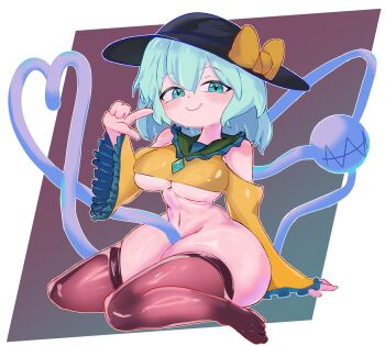 adamadamode arm_support black_thighhighs blush bow breasts cleavage closed_mouth commentary commentary_request curvy full_body green_eyes green_hair hat hat_bow heart heart_of_string highres komeiji_koishi large_breasts looking_at_viewer navel short_hair sitting skindentation smile thick_thighs thighhighs thighs third_eye touhou underboob yellow_bow