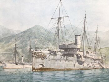 atelier_bono cannon cruiser guang_hei_(cruiser) highres imperial_japanese_navy military_vehicle mountainous_horizon no_humans ocean original painting_(medium) port ship sky smokestack traditional_media vehicle_focus warship watercolor_(medium) watercraft