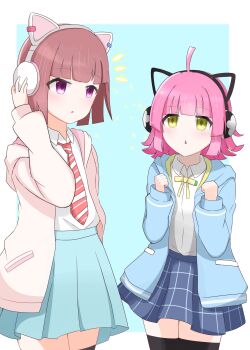 2girls :o absurdres ahoge animal_ear_headphones animal_ears black_thighhighs blue_background blue_jacket blue_skirt blunt_bangs blunt_ends bob_cut border brb9864 brown_hair cat_ear_headphones cat_ears clenched_hands collared_shirt commentary cowboy_shot diagonal-striped_clothes diagonal-striped_necktie dress_shirt fake_animal_ears hand_on_headphones headphones highres hood hooded_jacket ikizulive!_love_live!_bluebird in-franchise_crossover jacket kishimen_hair looking_at_another love_live! love_live!_nijigasaki_high_school_idol_club medium_hair miniskirt multiple_girls neck_ribbon necktie notice_lines open_clothes open_jacket orange_necktie outside_border parted_lips pink_hair pink_jacket pleated_skirt purple_eyes ribbon sasaki_shion shirt short_hair simple_background skirt sparkle standing striped_clothes tennoji_rina thighhighs trait_connection white_border white_shirt yellow_eyes yellow_ribbon zettai_ryouiki