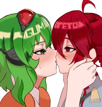 Rule 34 | ahoge, black-framed eyewear, blush, character name, closed mouth, dirtydanreborn, epaulettes, from side, goggles, goggles on head, green eyes, green hair, grey shirt, gumi, hair between eyes, hand on another's face, highres, kasane teto, kasane teto (sv), kiss, looking at another, medium hair, portrait, profile, raised eyebrows, red-tinted eyewear, red eyes, red hair, shirt, short hair, simple background, sweatdrop, synthesizer v, tinted eyewear, vocaloid, white background, yuri