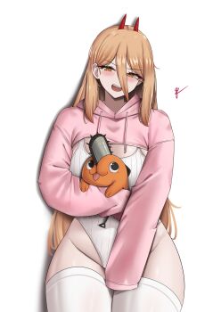 1girl absurdres animal blonde_hair blush breasts chainsaw chainsaw_man commentary cowboy_shot cross-shaped_pupils demon_girl demon_horns dog double-parted_bangs english_commentary hair_between_eyes highres holding holding_animal holding_dog hood hood_down hooded_shrug horns leotard long_hair long_hair_between_eyes long_sleeves looking_at_viewer no_pants open_mouth pink_shrug pochita_(chainsaw_man) power_(chainsaw_man) red_horns ribbed_leotard sharp_teeth shrug_(clothing) simple_background sleeves_past_fingers sleeves_past_wrists solo_focus symbol-shaped_pupils teeth thick_thighs thighhighs thighs white_leotard white_thighhighs yellow_eyes yukaraishin