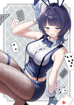 1girl :d absurdres animal_ear_hairband animal_ears asaka_karin blue_bow blue_bowtie blue_eyes blue_hair blush bow bowtie breasts card fake_animal_ears fishnet_pantyhose fishnets fur-trimmed_gloves fur_trim gloves hairband highres large_breasts looking_at_viewer love_live! love_live!_nijigasaki_high_school_idol_club medium_hair midriff miniskirt open_mouth pantyhose playing_card rabbit_ear_hairband rabbit_ears shirt skirt sleeveless sleeveless_shirt smile solo suspenders yuu_(shampoohatslime)