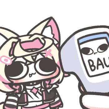 1girl 1other :3 absurdres animal_ears bandaid bandaid_hair_ornament barcode_scanner belt blonde_hair blush cat_detector_(meme) chibi chibi_only closed_mouth commentary cowboy_shot cross-eyed dog_ears dog_girl dog_tail english_text fake_horns fang hair_ornament headphones headphones_around_neck highres hololive hololive_english horns jacket looking_at_viewer meme miyaoo1224 mococo_abyssgard mococo_abyssgard_(1st_costume) multicolored_hair open_clothes open_jacket out_of_frame pink_belt shirt short_hair simple_background streaked_hair tail very_big_eyes virtual_youtuber white_background white_shirt x_hair_ornament