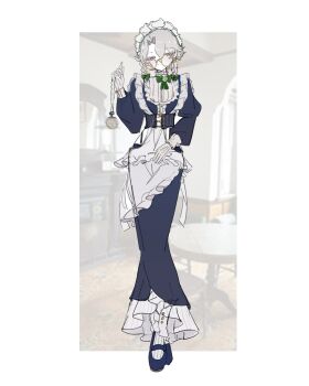 1girl :o alternate_costume apron blue_dress blue_shoes braid closed_mouth commentary corset dress expressionless frills full_body glasses gloves highres holding holding_pocket_watch izayoi_sakuya long_sleeves looking_at_viewer maid maid_apron maid_headdress medium_hair pocket_watch round_eyewear shoes socks solo touhou twin_braids watch white_gloves white_hair white_socks zenritsu