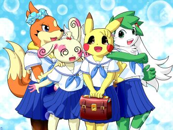 4girls @_@ animal animal_ears bag bear bear_ears bear_girl bear_tail black_pantyhose black_sclera blonde_hair blue_background blue_eyes blue_neckerchief blue_skirt blush breast_pocket brown_eyes bubble_background colored_sclera floatzel furry g-sun gen_1_pokemon gen_3_pokemon gen_4_pokemon green_eyes green_fur green_hair hair_bobbles hair_ornament hairclip hands_on_another's_shoulders heart heart_print holding holding_bag legendary_pokemon lightning_bolt_symbol looking_at_viewer mouse_(animal) mouse_girl multiple_girls multiple_tails mythical_pokemon navel neckerchief nintendo open_mouth orange_fur otter otter_girl otter_tail panda panda_ears panda_girl panda_tail pantyhose pikachu pikachu_ears pikachu_tail pocket pokemon pokemon_(creature) pokemon_tail polka_dot polka_dot_background print_scrunchie school_bag school_uniform scrunchie shaymin shaymin_(sky) shirt short_hair short_sleeves skirt smile socks spinda standing tail teeth topknot whiskers white_fur white_shirt white_socks yellow_fur