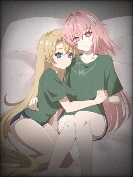 1boy 1girl adversarial_noise astolfo_(fate) blonde_hair blue_eyes bradamante_(fate) breasts collarbone commentary_request cousins fate/grand_order fate_(series) green_shirt highres holding_hands large_breasts long_hair looking_at_viewer on_bed pink_eyes pink_hair shirt tanutika thighs watermark