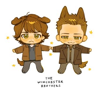 2boys :&lt; :3 animal_ears brothers brown_coat brown_hair brown_jacket brown_shirt character_name chibi chibi_only closed_mouth coat collared_shirt commentary crew_cut dean_winchester dog_boy dog_ears dog_tail english_commentary english_text floppy_ears freckles full_body green_eyes grey_hoodie grey_shirt half-closed_eyes halftone highres holding_hands hood hoodie jacket kunnuscumnus looking_at_viewer mole mole_on_cheek mole_under_mouth multiple_boys multiple_moles open_clothes open_coat open_jacket open_shirt sam_winchester shirt shirt_under_shirt siblings star_(symbol) supernatural_(tv_series) tail white_background wolf_cut